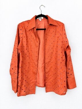 La Rea Collection Linen Eyelet Jacket M Orange Lagenlook Art to Wear Coastal